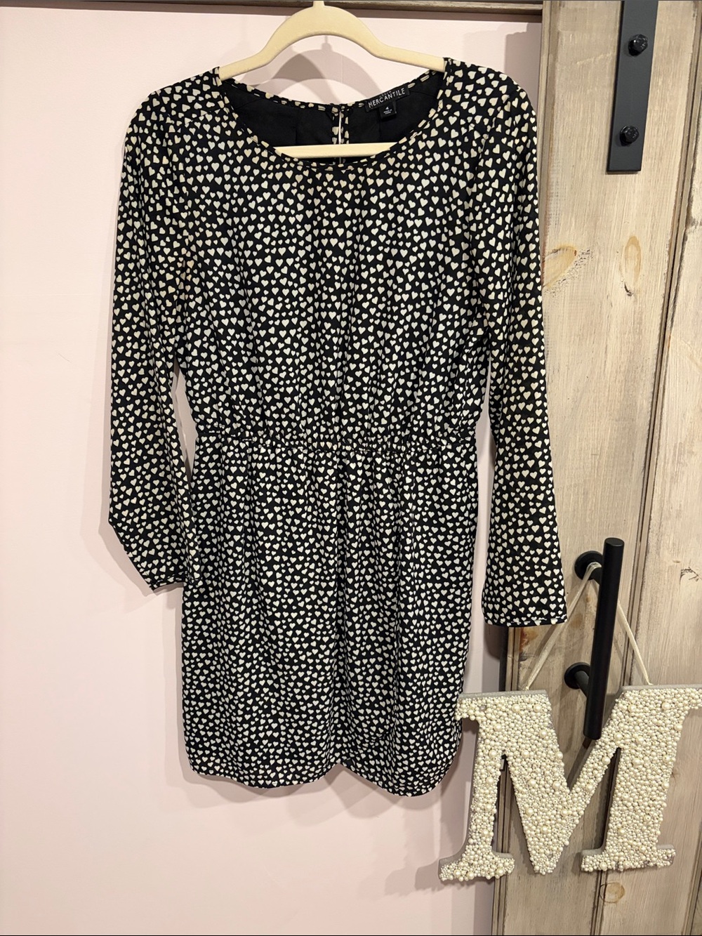 J. Crew Factory Black Dress with Cream Heart Print
